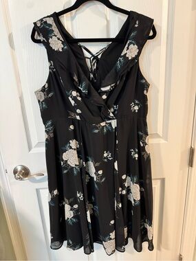 torrid Black Floral Midi Dress with White and Teal Accents